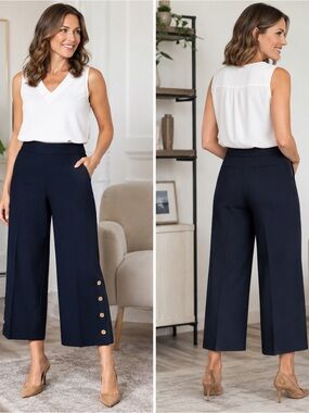 NWT Talbots Button Hem Wide Crop Pants Navy Blue Wide Leg Size 10